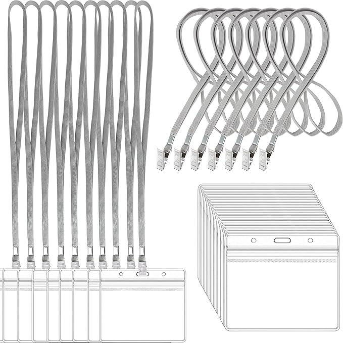 100Pcs Clear Plastic Horizontal Name Tags Badge ID Card Holders and 100Pcs Lanyards with Clip (Grey)
