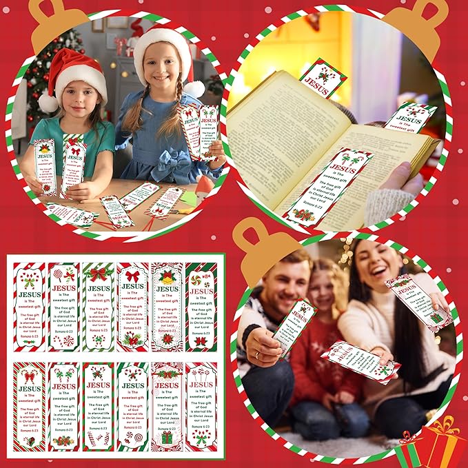 Haooryx 120pcs Christmas Theme Bookmarks, Christmas Candy Cane Pattern Bookmarks with Red Ribbons, Christian Religious Christmas Bookmark Party Favor for Sunday School Supply Classroom Students Reward
