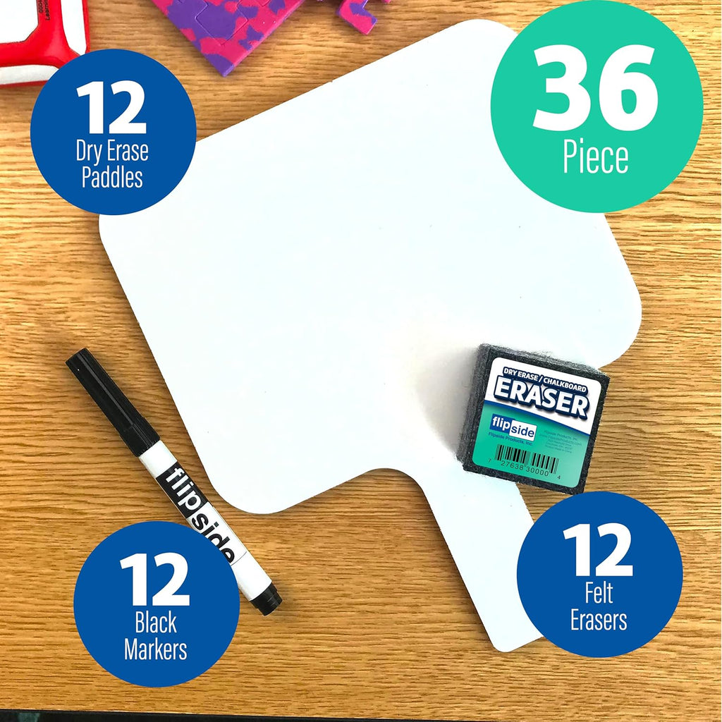 Flipside Products Rectangular Dry Erase Answer Paddle w/Dry Erase Markers and Erasers, 36 Pieces, Auction, Handheld Whiteboard, Handle Response Board, Classroom Dry Erase, Set of 12