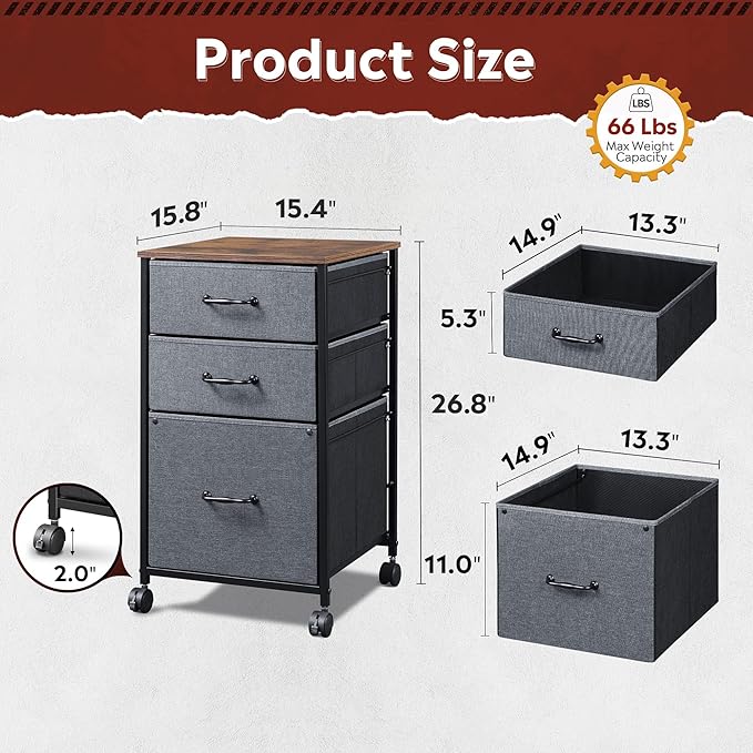 DEVAISE Mobile File Cabinet, Rolling Printer Stand with 3 Drawers, Fabric Vertical Filing Cabinet fits A4 or Letter Size for Home Office, Rustic Brown