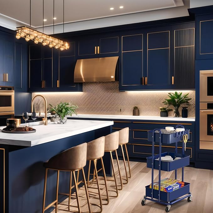 Simple Houseware Heavy Duty 3-Tier Metal Utility Rolling Cart, Navy