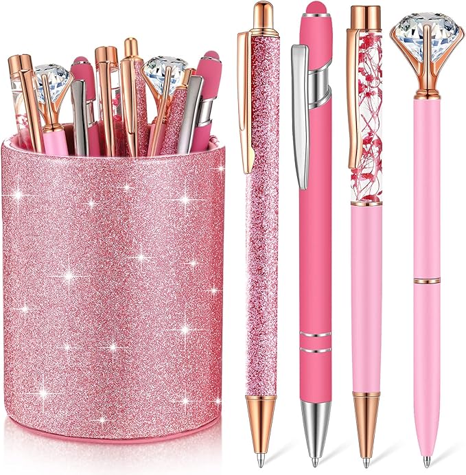 Sabary 8 Pcs Ballpoint Pens with Pen Holder for Desk Glitter Crystal Diamond Fancy Pencil Holder Bling Desk Organizer Cute Office Supplies for Women Girls Valentines Birthday Gifts(Pink)