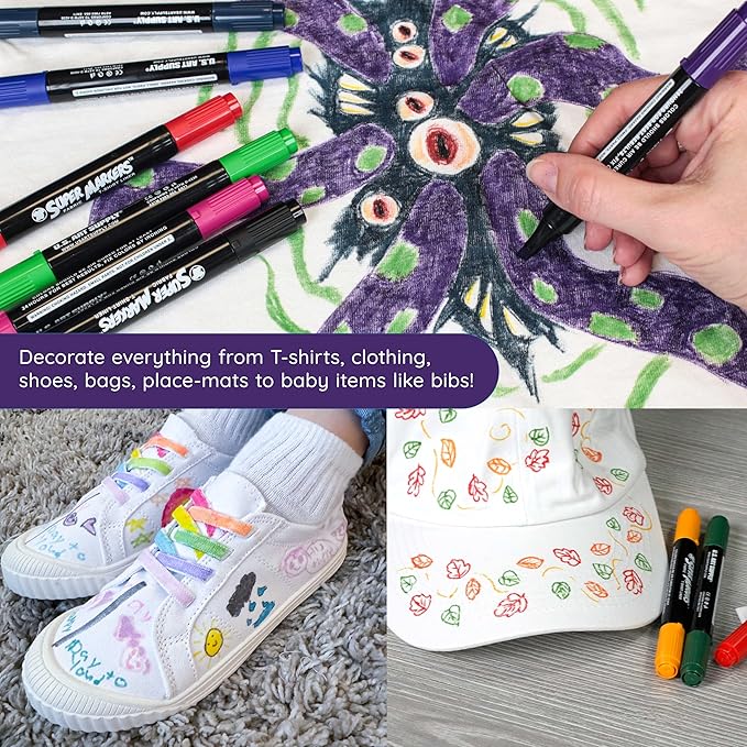 Super Markers 40 Unique Primary & Pastel Colors Dual Tip Fabric & T-Shirt Marker Set - Double-Ended Fabric Markers with Chisel Point and Fine Point Tips - 40 Permanent Ink Vibrant and Bold Colors