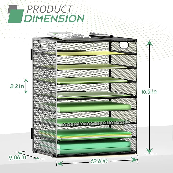 9-Tier Paper Organizer Letter Tray with Handle, Mesh File Organizer Paper Sorter Holder, Desk Organizer for Office Home School, Black