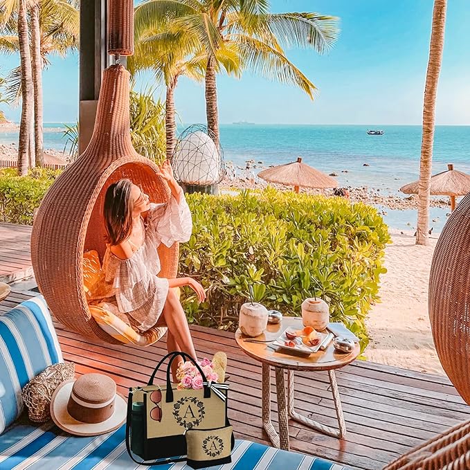 YOOLIFE Christmas Gifts for Women - Initial Jute Tote Bag & Makeup Bag, Birthday Gifts for Women Her Mom Teacher Friend