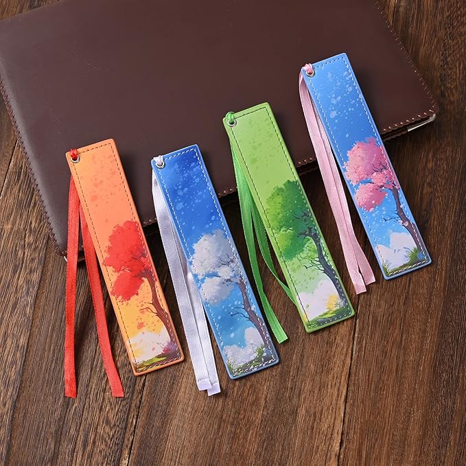 ZQZYMXQ 4Pcs Leather Cute Bookmarks for Women Girls, Aesthetic Pretty Bookmarks Four Season Tree Book Lover Gifts Teacher Gifts (Season Tree)