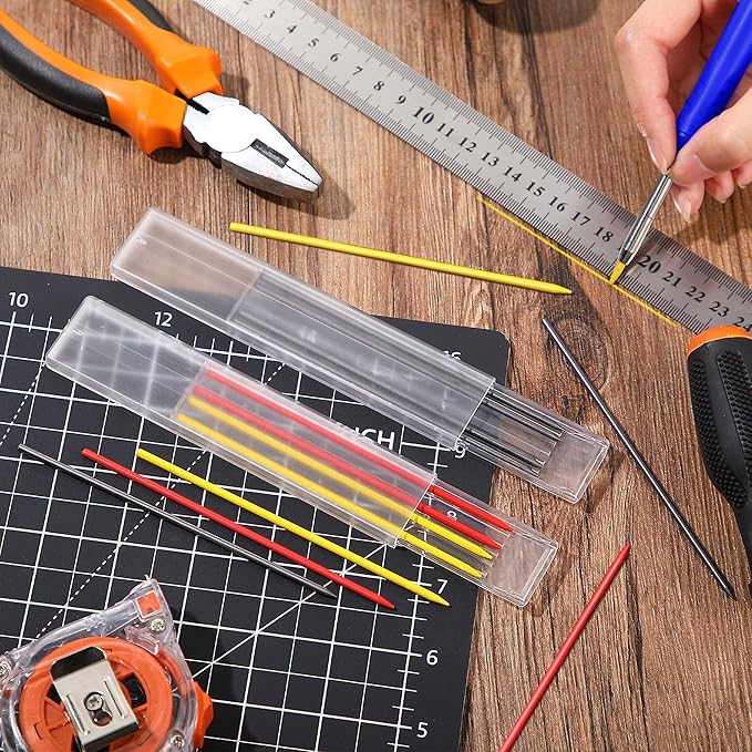 Hiboom 2 Pack Solid Carpenter Pencil with 14 Refill, Long Nosed Deep Hole Mechanical Pencil Marker with Built-in Sharpener for Carpenter Woodworking Architect with Design Patent (Black, Blue)