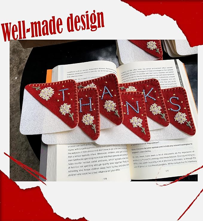 Personalized Hand Embroidered Corner Bookmark, Bookmarks for Women, Personalized Bookmark for Books, Cute Flower Book Mark, Hand Stitch Gift for Women for Book Lovers by HNQCPCVU (K, RED)