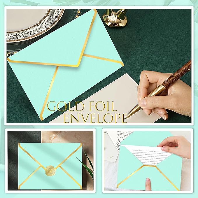 60 Pack Gold Envelopes 5x7 Light Blue, 250G Pearled Cardstock A7 Envelopes for Invitations Business Mailing Envelope with Gold Foil Border, A6 4x6 Envelopes for Wedding Baby Shower Cards