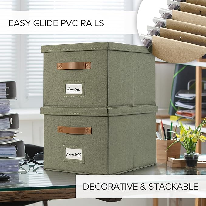 ZICOTO Decorative File Organizer Box Set of 2 - Collapsible Linen Filing Cabinets w/Handles Are Perfect to Store all Your Documents & Hanging File Folders - Portable Easy Slide Crates with Lid