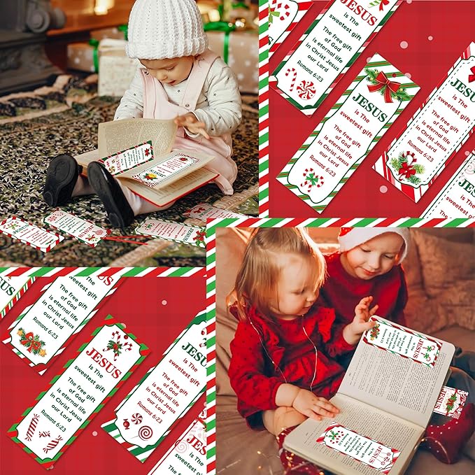 Haooryx 120pcs Christmas Theme Bookmarks, Christmas Candy Cane Pattern Bookmarks with Red Ribbons, Christian Religious Christmas Bookmark Party Favor for Sunday School Supply Classroom Students Reward