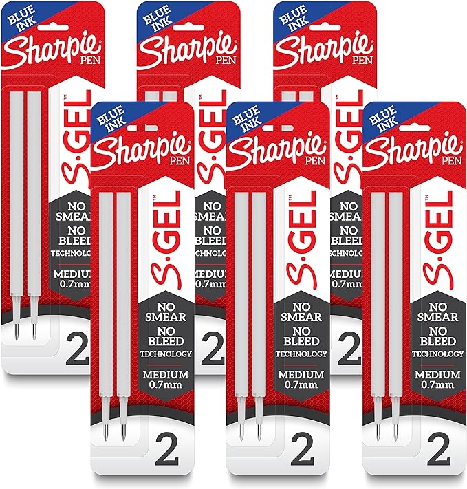 Sharpie S-Gel Refills, Blue Ink Gel Pen Refills, Medium Point (0.7mm), 6 Packs of 2ct, 12 Refills Total