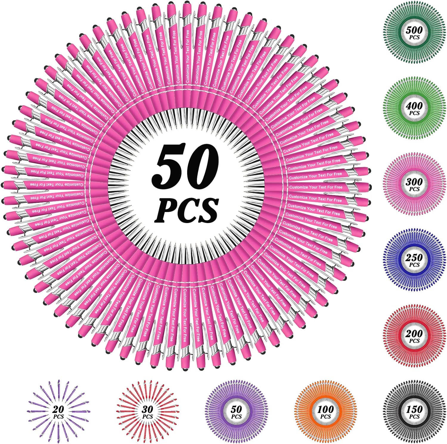 Max 500 Pcs Personalized Pens Bulk, Custom Pens with Free Engraving, Customized Stylus Tip Ballpoint Pen with Your Name Massage Text for School Office Business Graduation Anniversaries-50 Packs