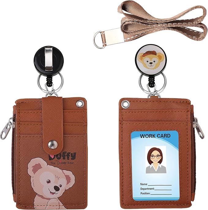 Cute ID Badge Holder Retractable Lanyard Reel Clip with Heavy Duty Carabiner, 5 Card Slots in 2 Sided with Key Ring and Zipper for Women Students Teens Girls Office Staff (Brown Duffy)
