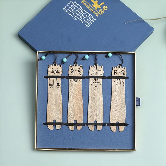 Wood Cat Bookmarks - Set of 4 Cute Bookmarks Aesthetic, Wooden Bookmarks Anime Cat Bookmark for Women Girl Kids, Kawaii Bookmark for Book Lover Cat Lover Friends Best Gifts (Nanmu)