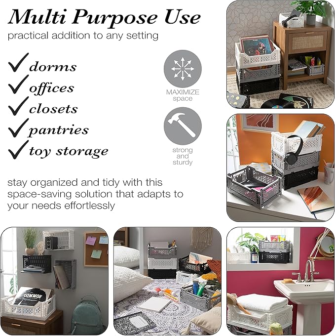 Simplify 4LT Collapsible Storage Crate | Small | Foldable | Stackable | Plastic Bin | Home Organization | Dorm | Office | Crafts | Shelf | Grey