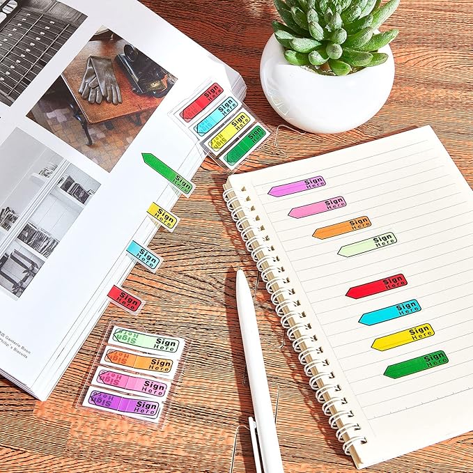 Tatuo 2400 Pcs Sign Here Tabs Colored Flag Stickers 8 Colors with Dispenser Arrow Flag Easy to Post for Notary Books Paper (Sign Here Style)