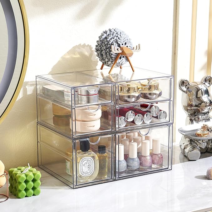 Prsildan Acrylic Drawer Makeup Organizer with 6 Drawers, Set of 2 Office Desk Organizers Accessories, Clear Stackable Storage Drawers for Vanity, Countertop, Craft, Jewelry, Art Supply Organization