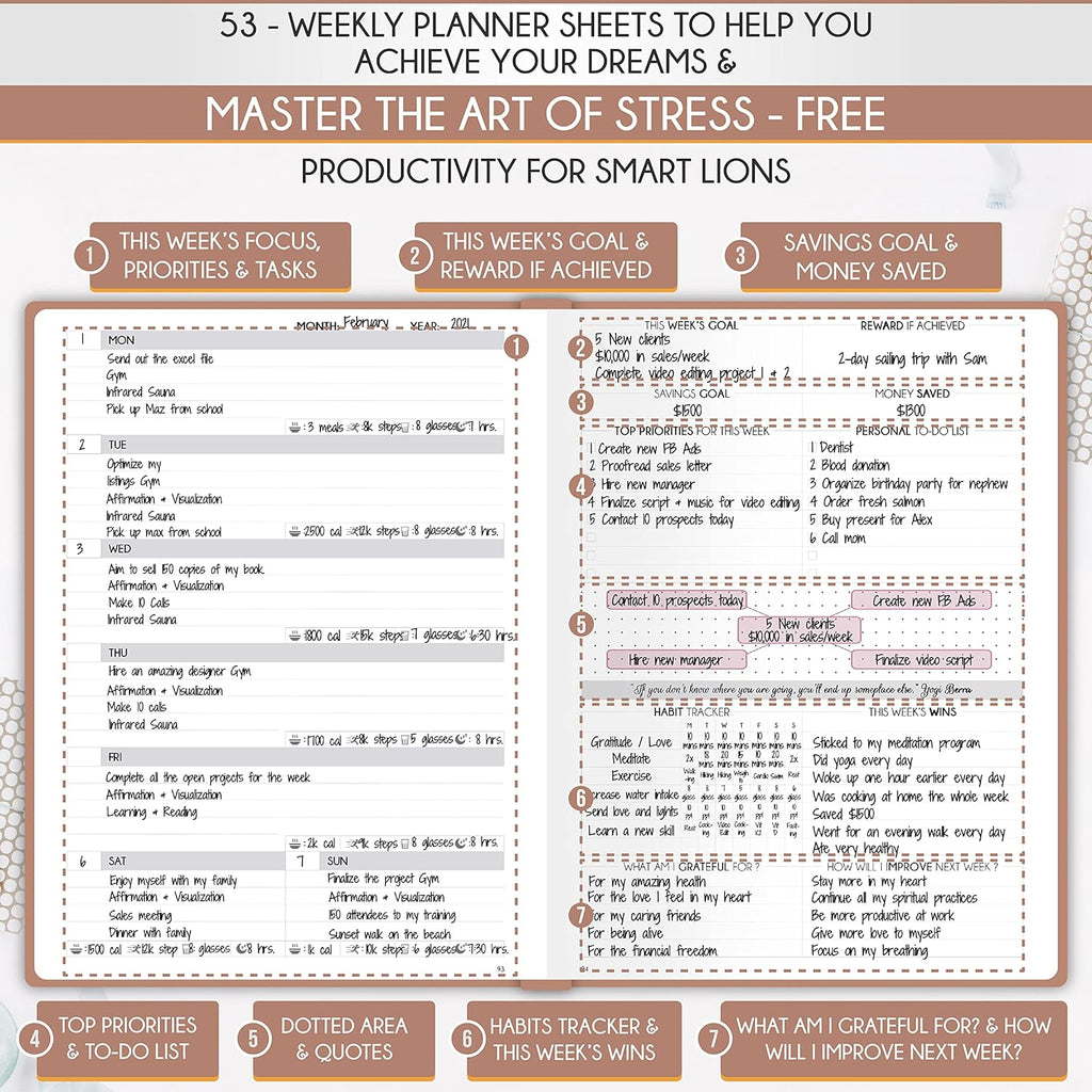 Life Planner - Undated Daily, Weekly & Monthly Planner with Budget Section | A 12 Month Journey to Increase Productivity & Happiness | Life Organizer & Gratitude Journal - Horizontal Format