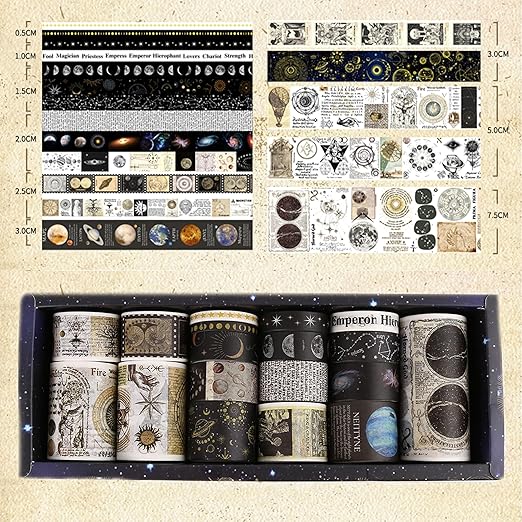 18 Rolls Vintage Washi Tape Pack Retro Arts Adhesive Tapes Wide Monologue Decorative Masking Tape Sets for Craft, Kids, Scrapbook, DIY, Gift Wrapping (Universe Milky Way)