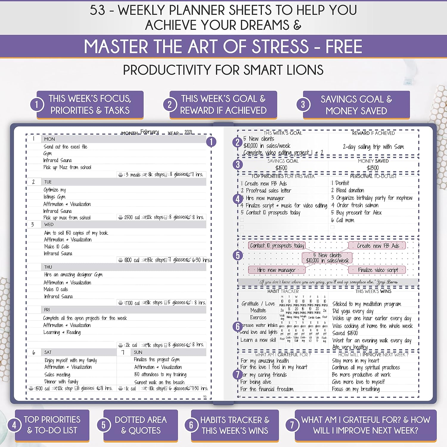Life Planner - Gratitude Journal for Men & Women | Daily, Weekly & Monthly Planner with Budget Section, Time Blocking, Habit Tracker for Peace of Mind Planning to Increase Productivity & Happiness