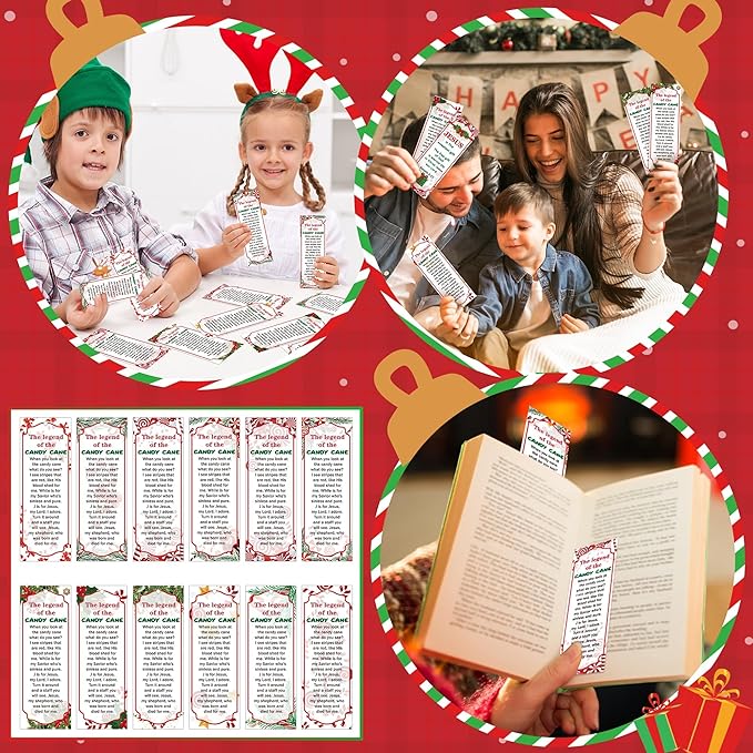 Haooryx 240pcs Christmas Theme Bookmarks, The Legend of The Candy Cane Bookmark with Red Ribbons, Candy Cane J is for Jesus Religious Bookmark Party Favor for Sunday School Supply Students Rewards