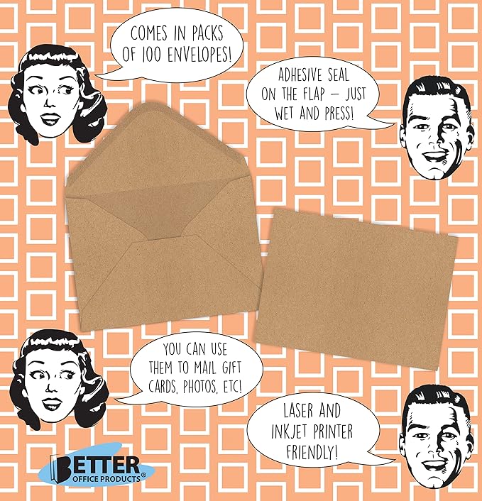 Better Office Products Kraft Invitation Envelopes, 100-Pack, A1 Size (3.625" x 5.12"), Strong 35 lb. Paper, Fits 3.5" x 5" Invitation Cards, RSVP Cards, Photos, Gift Cards (Contoured Gummed Flap)