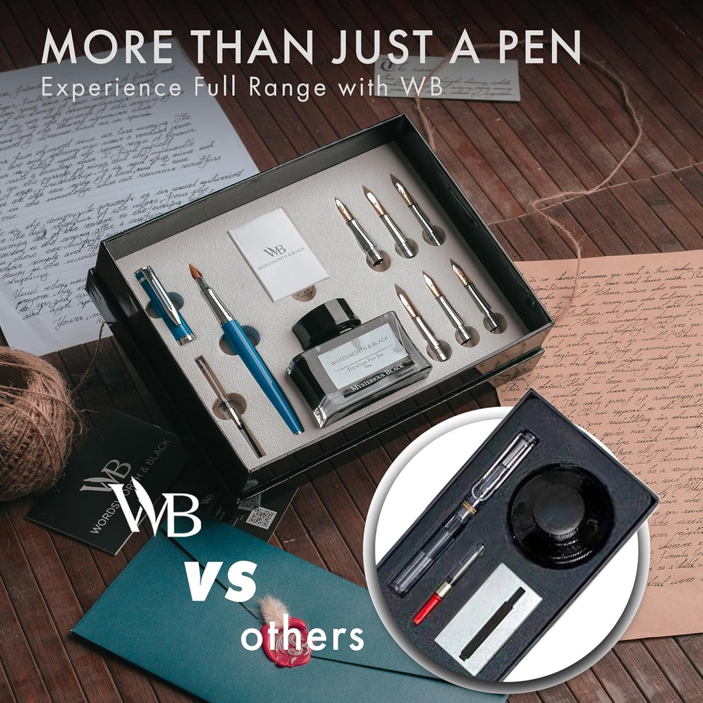 Wordsworth & Black Calligraphy Pen Gift Set, Includes Bottle, 6 Cartridges, Refill Converter, 6 Replacement Nibs, Premium Package, Journaling, Smooth Writing Pens [Blue Chrome]