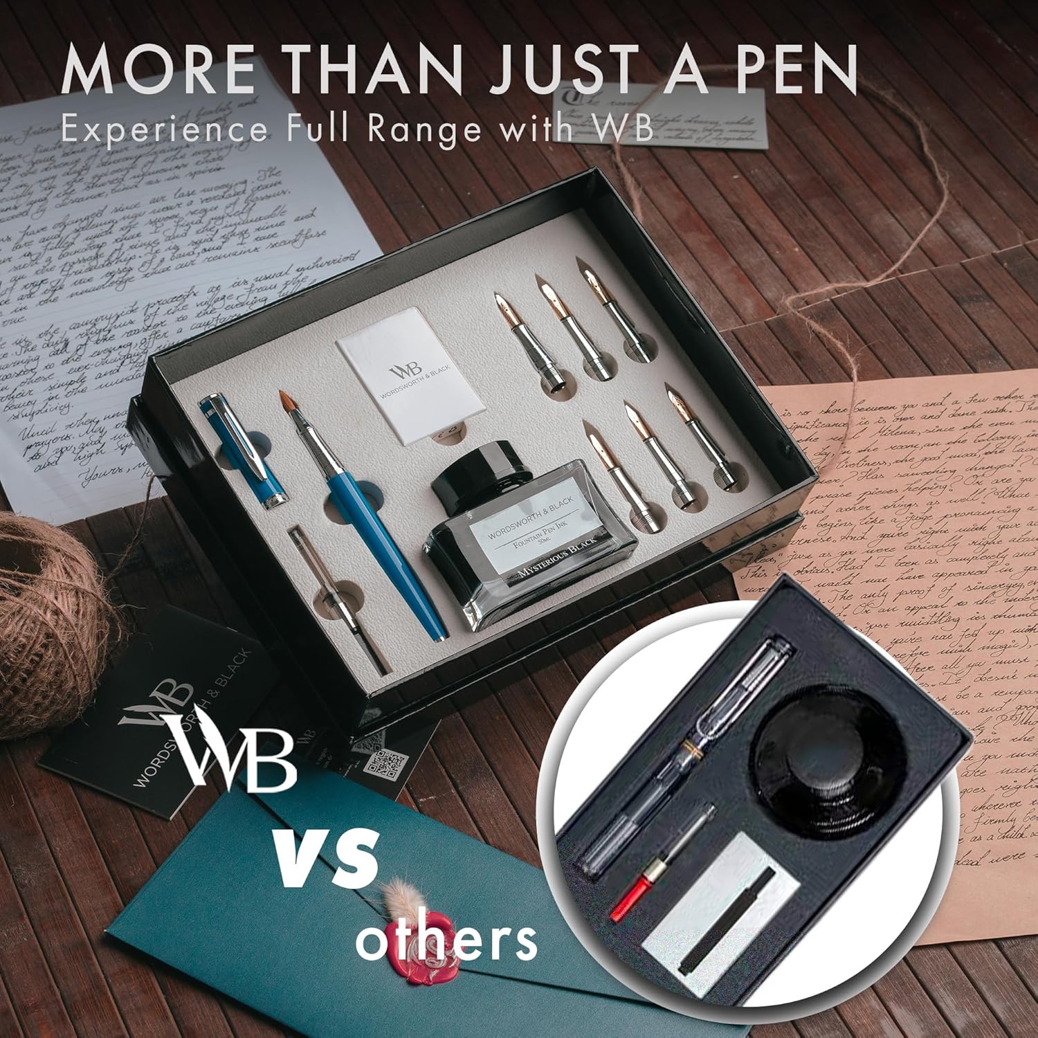 Wordsworth & Black Calligraphy Pen Gift Set, Includes Bottle, 6 Cartridges, Refill Converter, 6 Replacement Nibs, Premium Package, Journaling, Smooth Writing Pens [Blue Chrome]