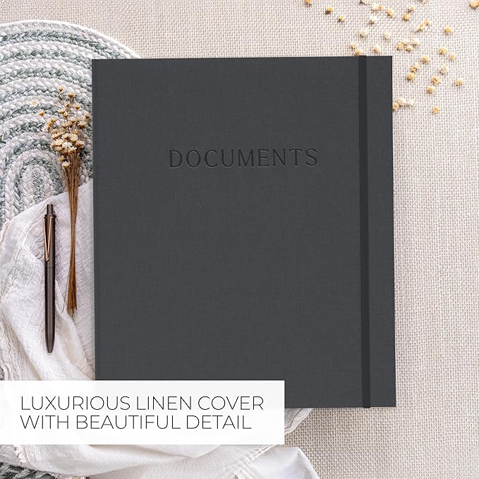 Aesthetic Document Organizer - Sturdy Linen 3-Ring Binder Safely Stores All Your Important Documents and Files in One Place - Easy to Use Expanding Storage Folder Incl. Envelopes, Pockets & Labels