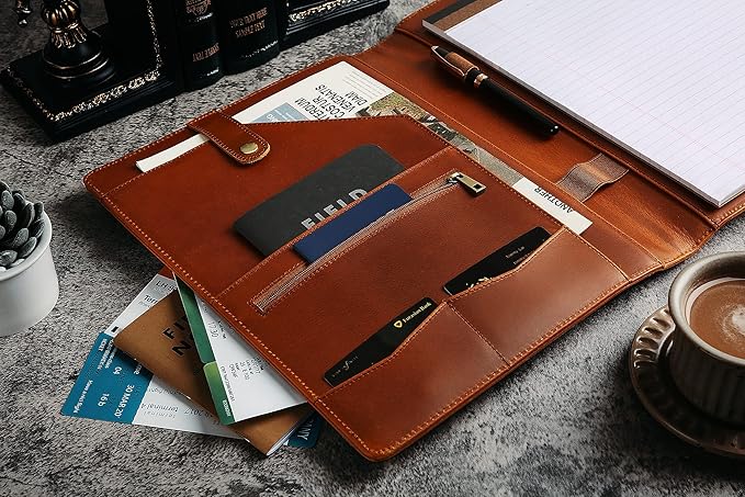 Personalized Leather Portfolio for Men, Engraved Leather Clipboard Portfolio Binder, Custom Leather Resume Padfolio for Women, Christmas Gift for His/Her (Notepad, Brown-Custom)