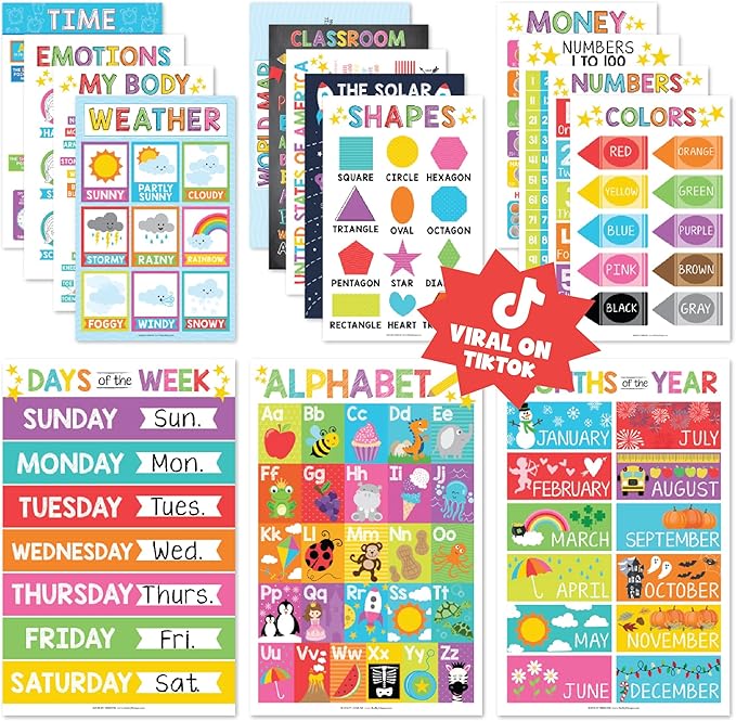 Hadley Designs 16 Educational Posters for Classroom & Kindergarten, Kindergarten Classroom Must Haves, Laminated PreK Learning Chart Materials US & World Map, ABC Alphabet, Shapes, Days of the Week