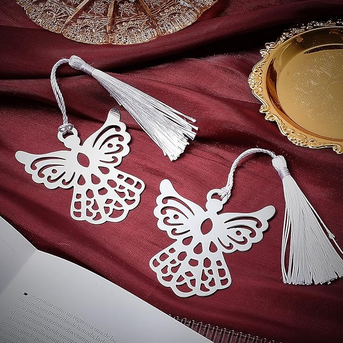 Chinco Metal Angel Bookmark Angel Charm Party Favors with Silky Tassels Angel Bookmark Bulk for Funeral Christmas Wedding Party Gift Book Lovers(80 Pieces)