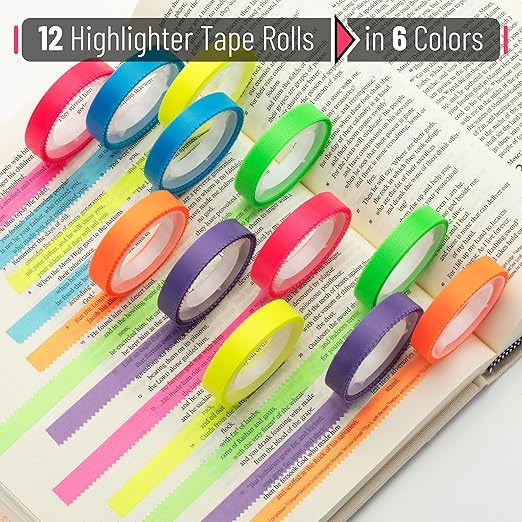 Mr. Pen- Highlighter Tape, 12 Rolls, 0.31" x 16.5 ft, Bible Highlighter Tape, Colorful Highlighter Strips, Transparent Highlighter Tape Removable for Books, Highlighting Tape, Highlight Tape
