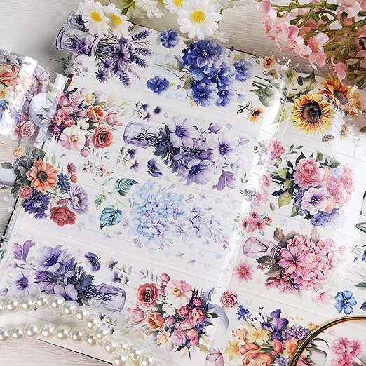 Journaling Scrapbook PET Tapes - Floral Scrapbooking Junk Journal Supplies, Flower Decorative Tapes for Art Crafts, Aesthetic Washi Tapes Scrapbooking Supplies, Floral Journaling Tapes