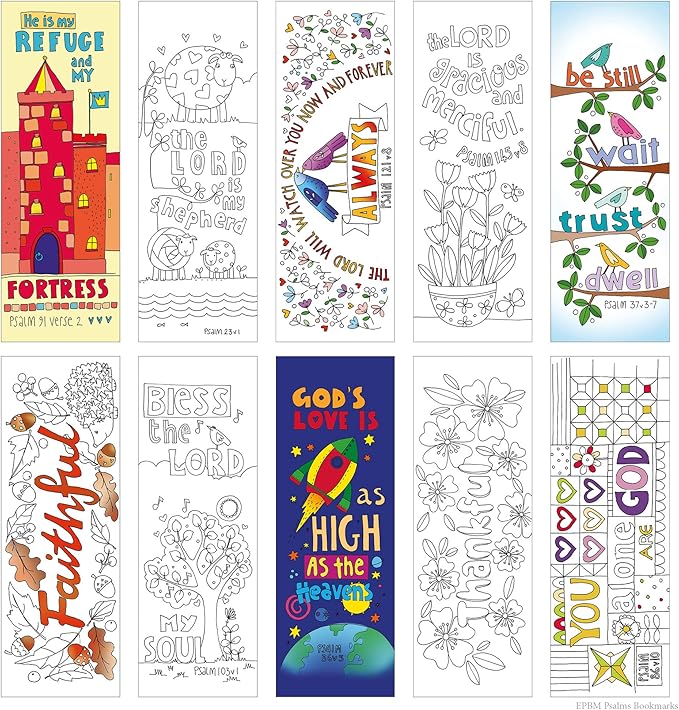 Christian Colouring Bookmarks, Psalms, Pack of 10 Different Designs, with Coloured Bible Verse on Reverse. Makes a Great Christian Gift for Adults or Children, by Just Cards Direct. (White/EPBM)