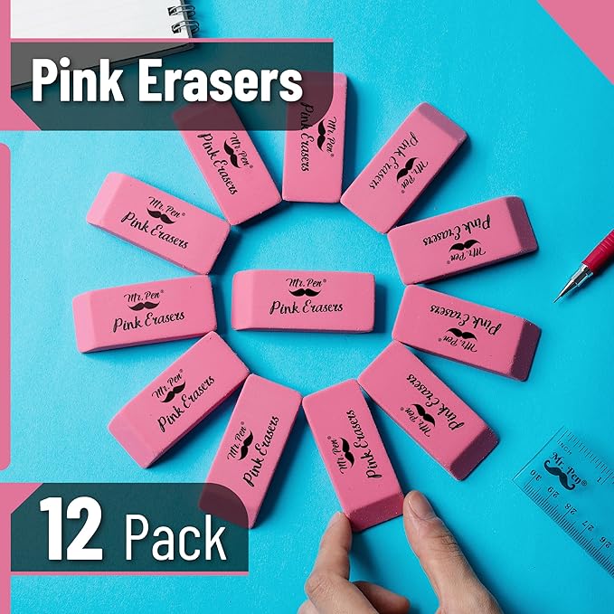 Mr. Pen Pink Pencil Erasers, Large, Pack of 12