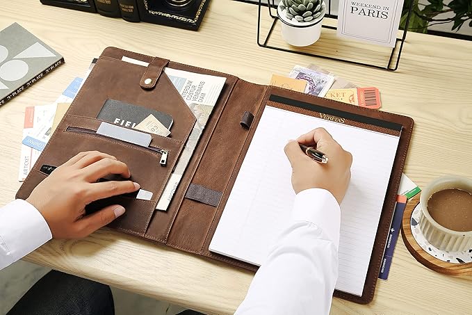 Personalized Leather Portfolio for Men, Engraved Leather Clipboard Portfolio Binder, Custom Leather Resume Padfolio for Women, Christmas Gift for His/Her (Notepad, Khaki-Custom)