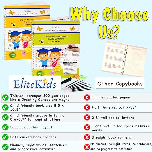 Teacher Designed Large 11x8.5in Reusable Handwriting Workbooks (Sight Word Copy Included)- Kids Learning Calligraphy, Magic Practice Copybook for Preschool, Kids Ages 3 to 8 (4 Pack)