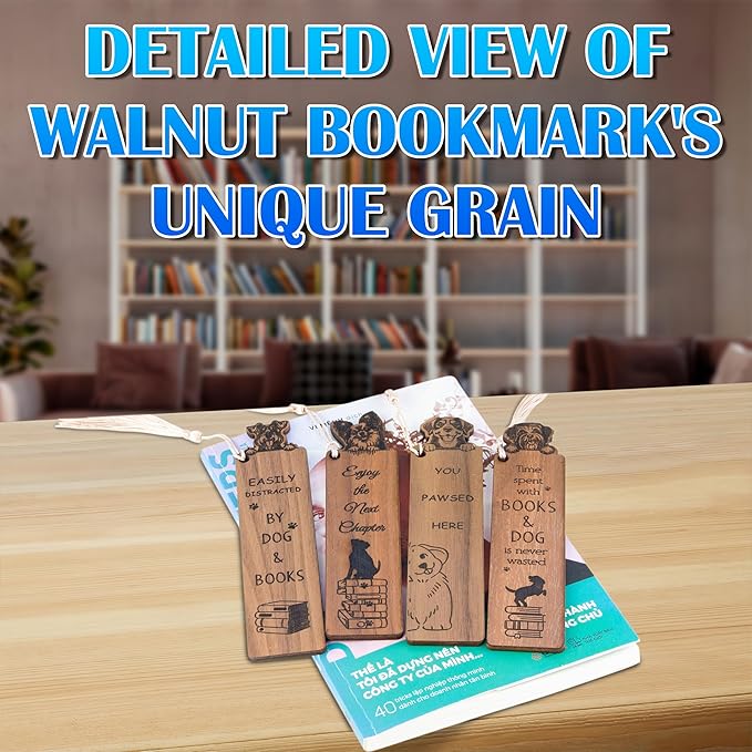 Dog Bookmark – Set of 4 Wooden Bookmarks with Tassels, Made from Walnut Wood,Funny Bookmark Gift for Men and Women, Novelty Gag Bookmark for Book Lovers,Christmas Stocking Stuffer