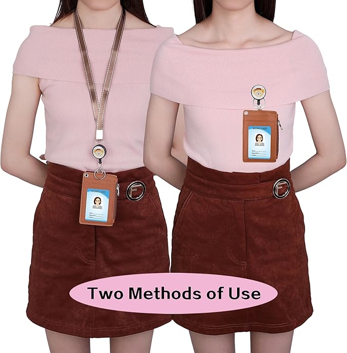 Cute ID Badge Holder Retractable Lanyard Reel Clip with Heavy Duty Carabiner, 5 Card Slots in 2 Sided with Key Ring and Zipper for Women Students Teens Girls Office Staff (Brown Duffy)