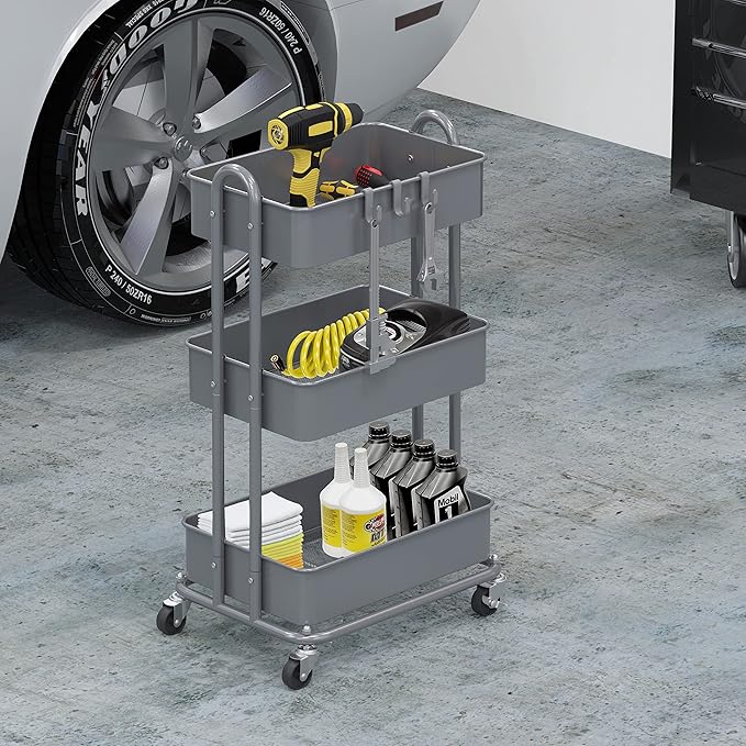 Simple Houseware Heavy Duty 3-Tier Metal Utility Rolling Cart, Silver