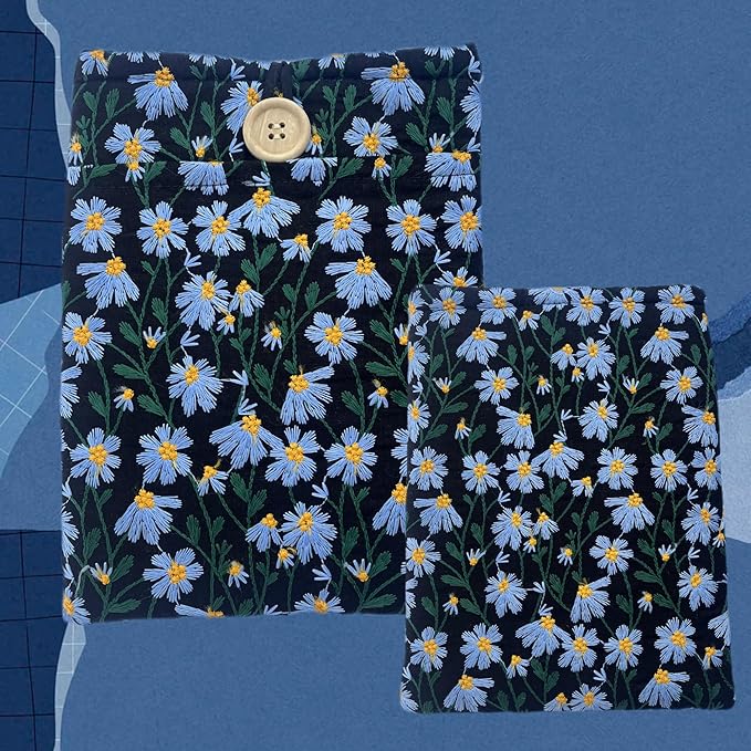 Embroidered Blue Daisy Book Sleeve. Black Book Cover/Protector