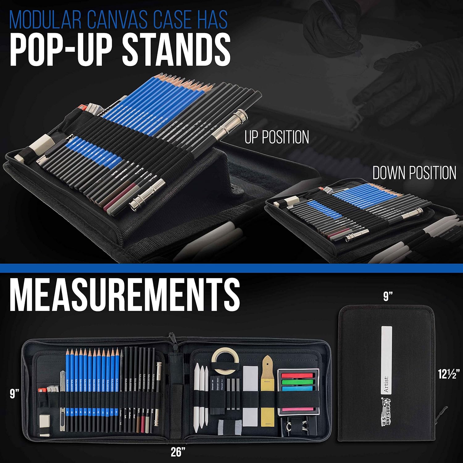 54-Piece U.S. Art Supply Drawing & Sketching Set with 4 Sketch Pads - Ultimate Artist Kit with Graphite, Charcoal, Pastels, Erasers in Pop-Up Carry Case