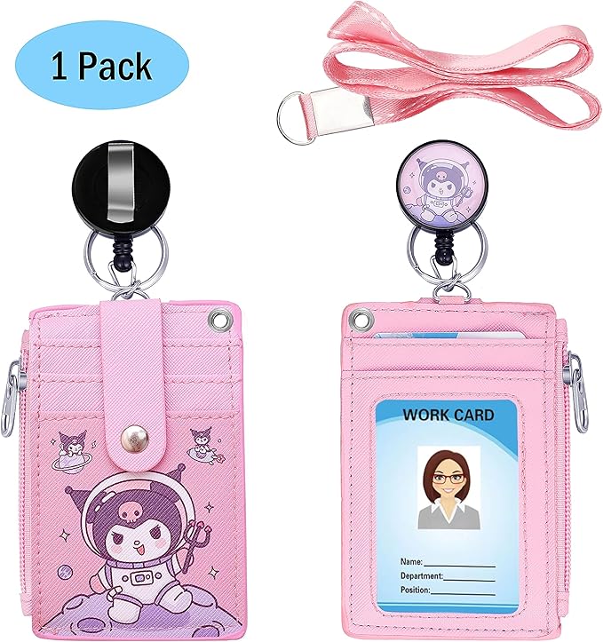 Cute ID Badge Holder Retractable Lanyard Reel Clip with Heavy Duty Carabiner,5 Card Slots in 2 Sided with Key Ring and Zipper for Students Teens BoysGirls Office Staff Women (Purple Kuro)