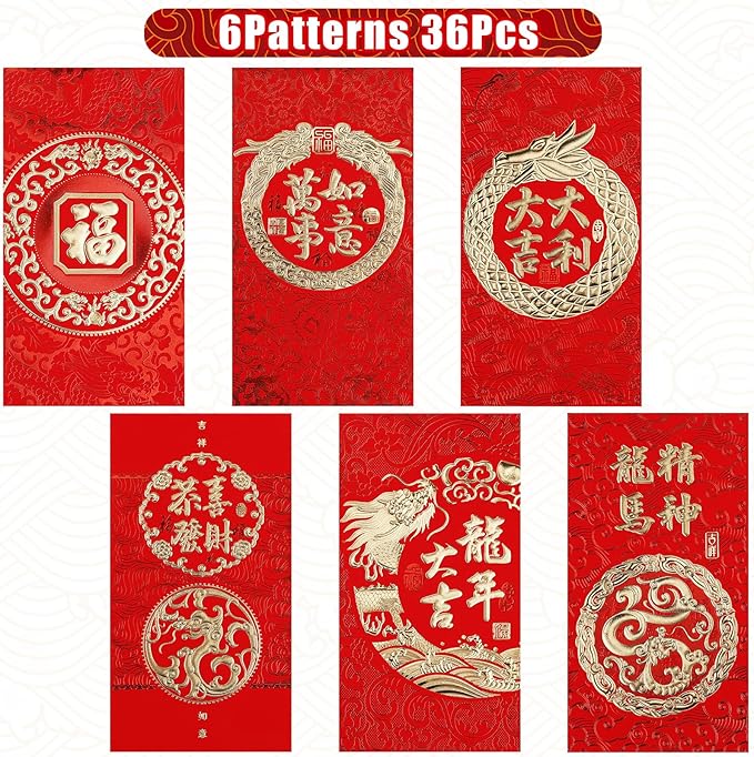 36PCS Chinese Red Envelopes, Chinese New Year Red Envelopes 2024 Dragon Lucky Money Red Packet Envelopes Hong Bao with Classic Chinese Patterns and Blessing Words (6 Styles)