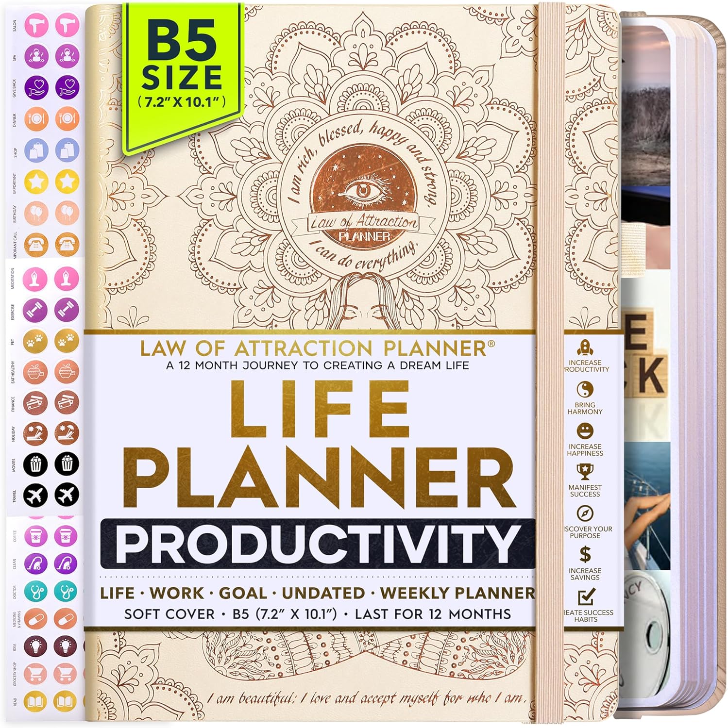 Law of Attraction Planner – Undated Hourly, Weekly & Monthly Goal Setting Planner, 12-Month to Increase Productivity | Life & Gratitude Journal, Include Foldable Vision Board, Gift Box & Stickers