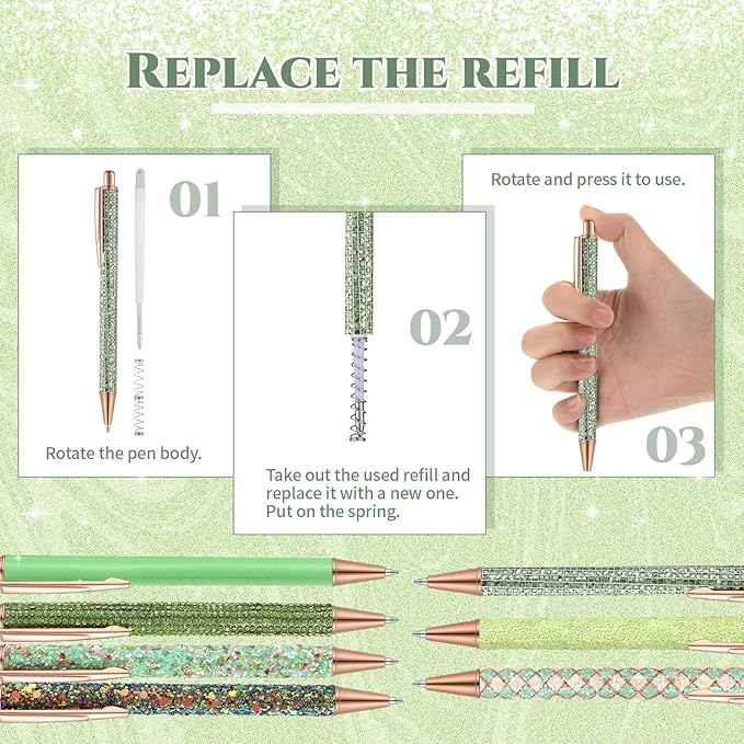 Sherr 7 Pcs Fancy Pens for Women Cute Sparkly Glitter Pens with 10 Pcs Black Ink Refills Pretty Gifts for Girls Office School Christmas Graduation(Green,Fresh)