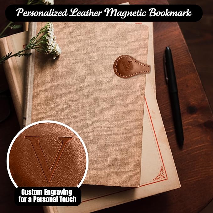 Personalized Leather Magnetic Bookmarks (1 Pack) Vintage Custom Engraved Initial ID Identification Book Marker Clip Gift for Book Lover Avid Readers (Letter V, Light Brown)