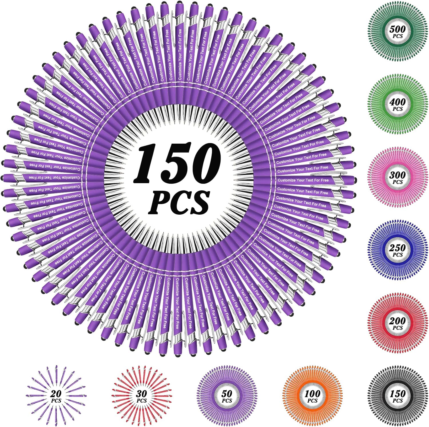Max 500 Pcs Personalized Pens Bulk, Custom Pens with Free Engraving, Customized Stylus Tip Ballpoint Pen with Your Name Massage Text for School Office Business Graduation Anniversaries-150 Packs